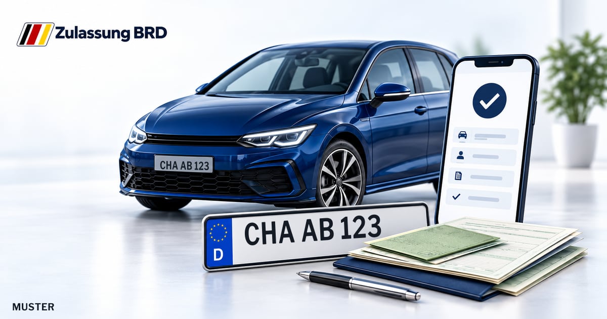 Online Fahrzeugzulassung in Landkreis Cham: Musterkennzeichen CHA AB 123, Auto und Fahrzeugpapiere und Smartphone. Illustration mit Logo von Zulassung BRD.